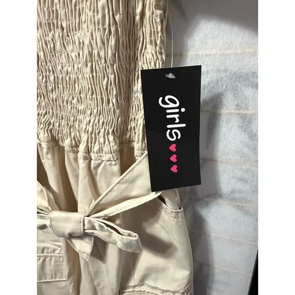 Girls 10/12 NWT Khaki Y2K Shirred Cargo‎ Jumpsuit Utility Romper Puff Sleeve Tie